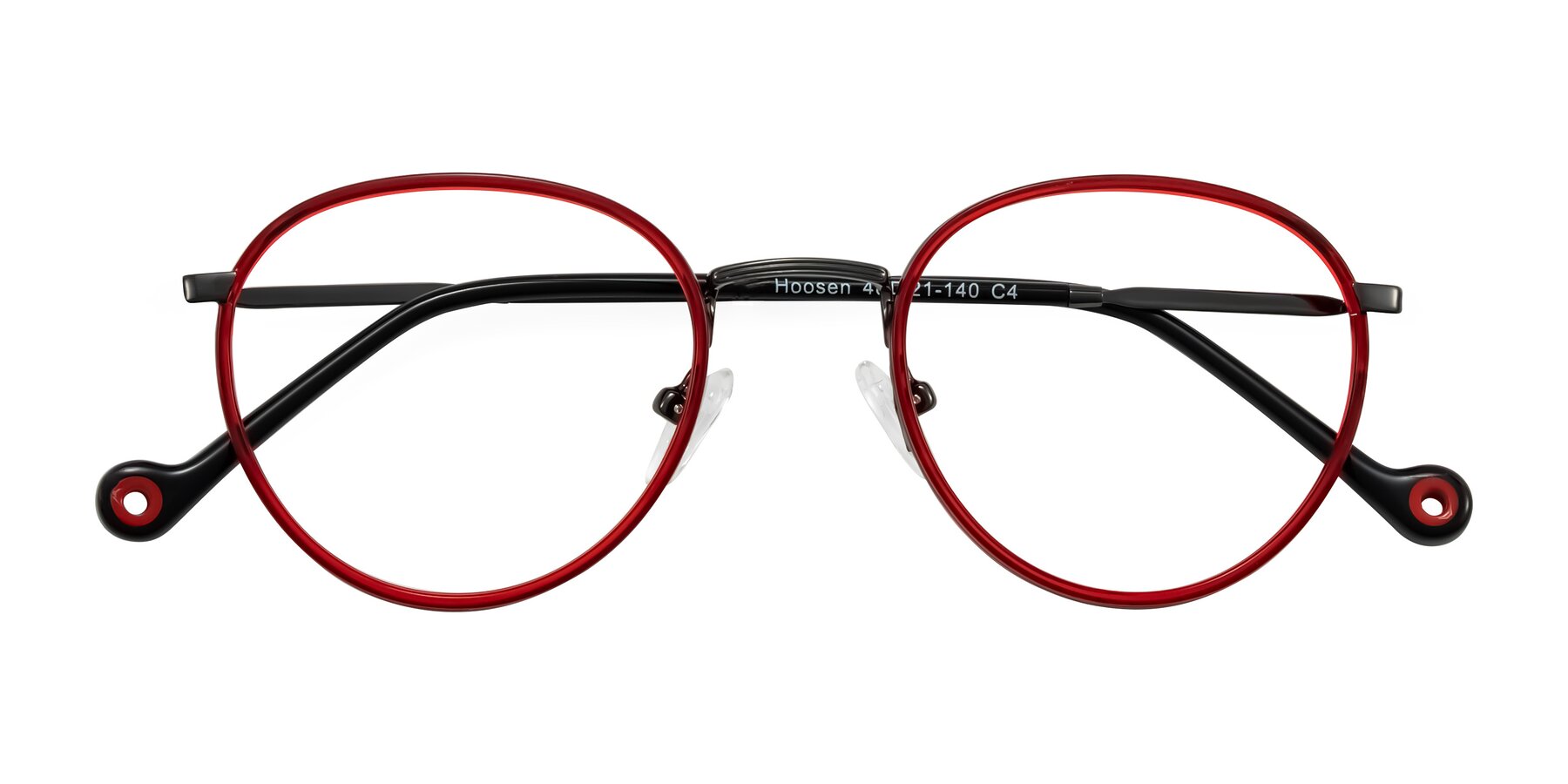 Folded Front of Hoosen in Red/Gunmetal with Clear Eyeglass Lenses