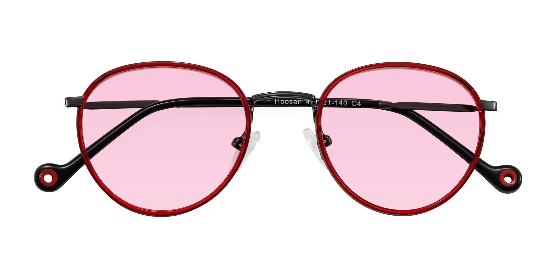 Folded Front of Hoosen in Red/Gunmetal with Light Pink Tinted Lenses