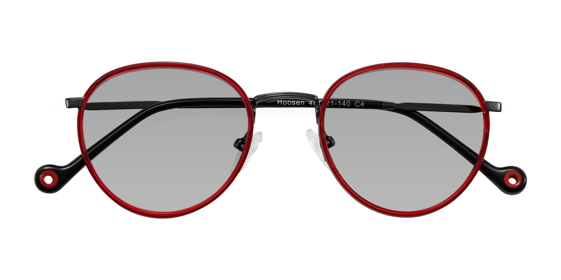 Folded Front of Hoosen in Red/Gunmetal with Light Gray Tinted Lenses