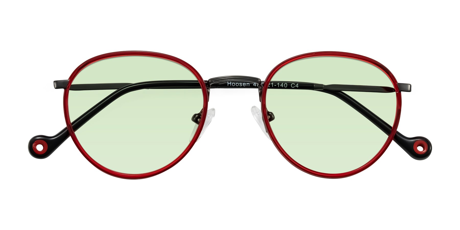 Folded Front of Hoosen in Red/Gunmetal with Light Green Tinted Lenses
