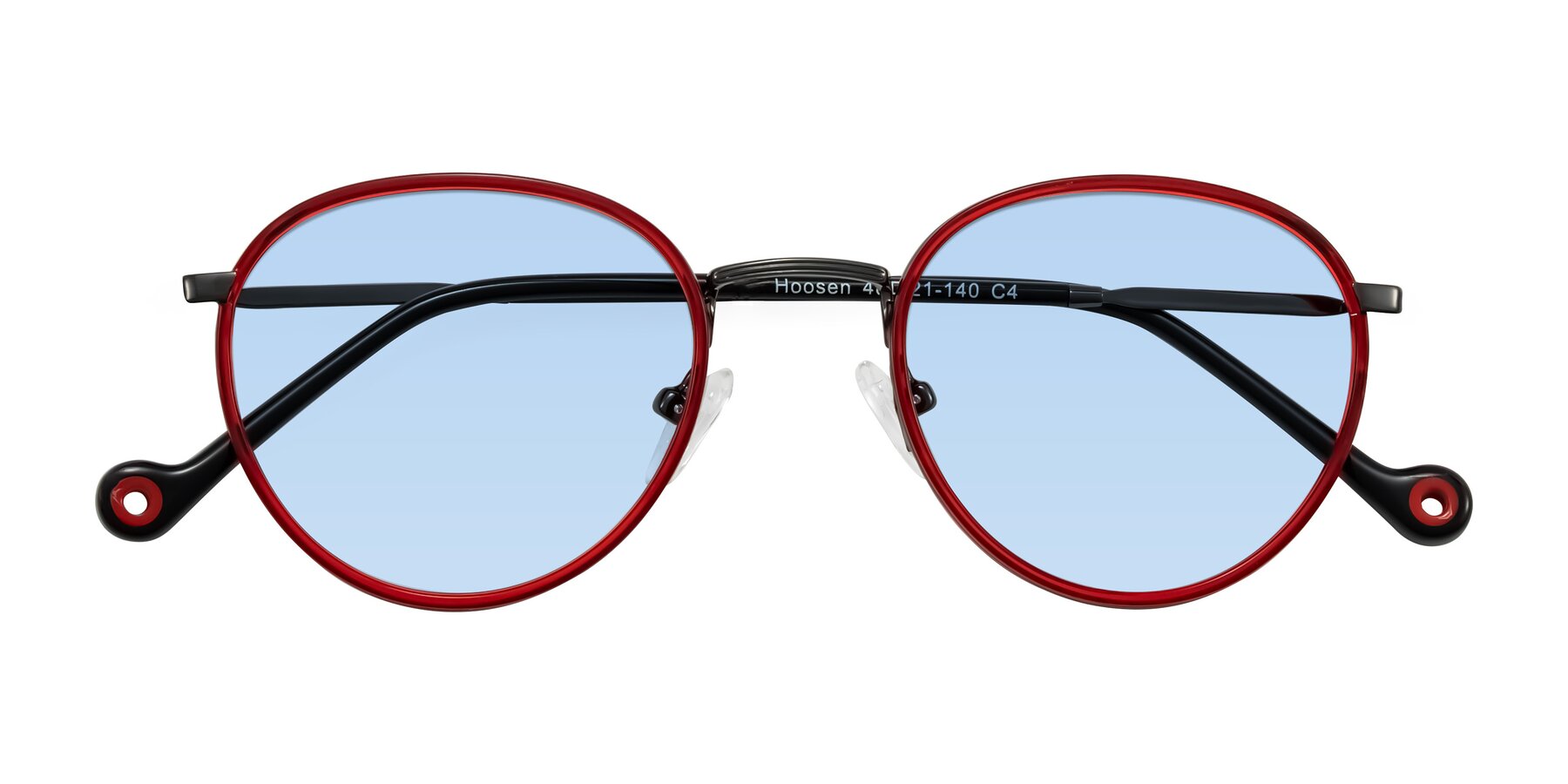 Folded Front of Hoosen in Red/Gunmetal with Light Blue Tinted Lenses
