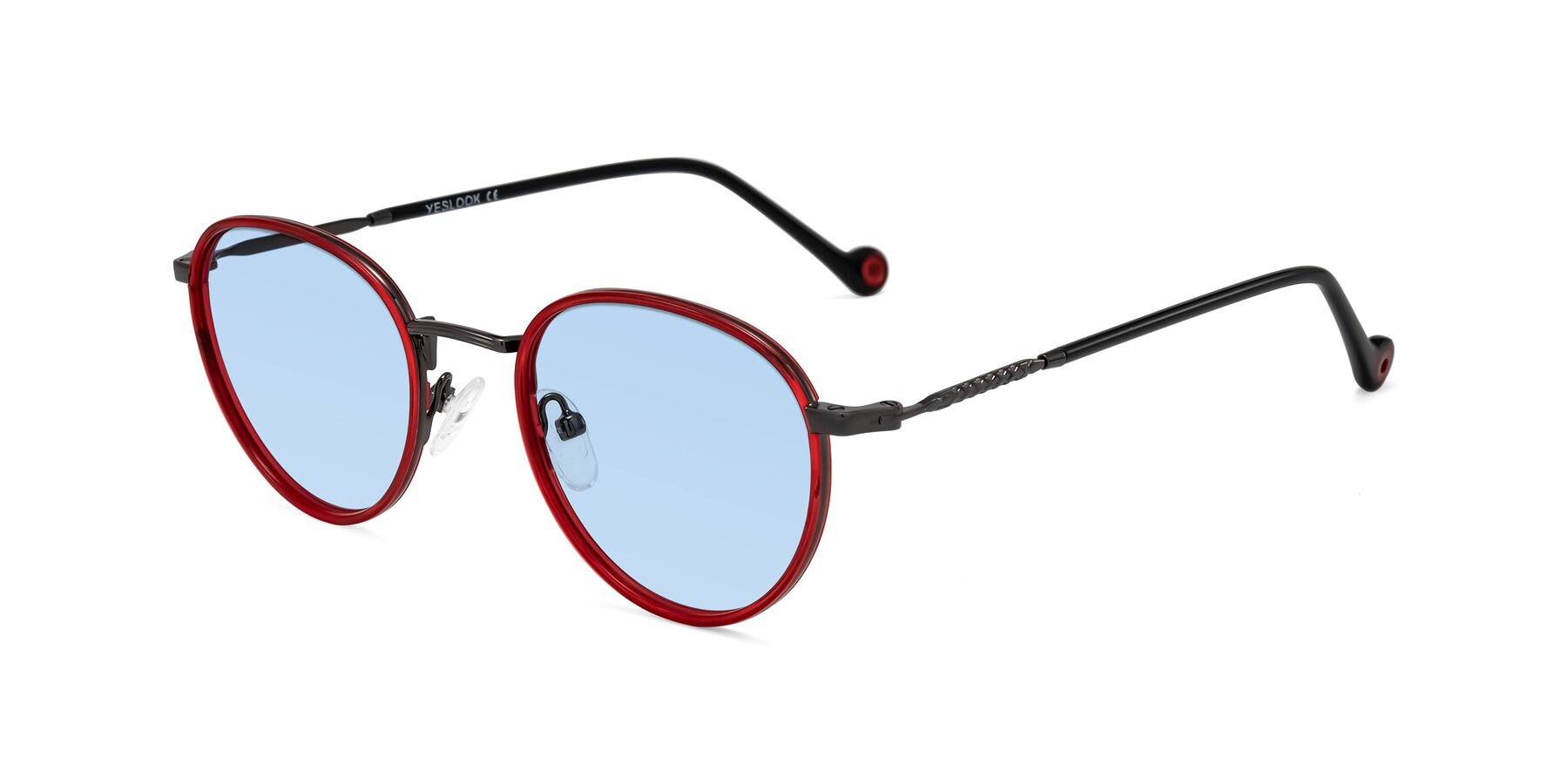 Angle of Hoosen in Red/Gunmetal with Light Blue Tinted Lenses