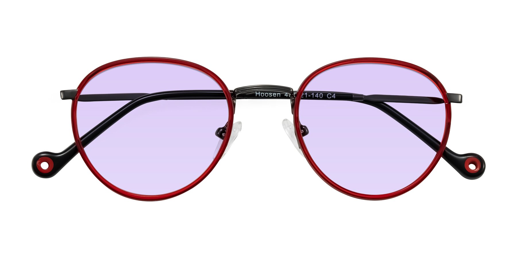 Folded Front of Hoosen in Red/Gunmetal with Light Purple Tinted Lenses