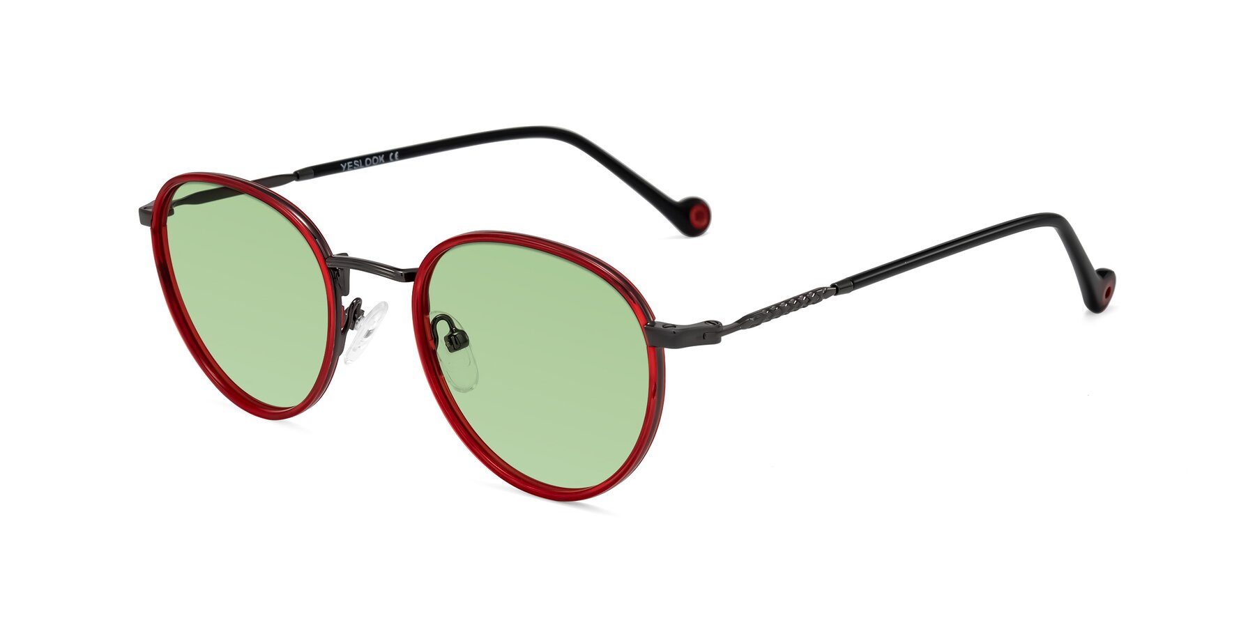 Angle of Hoosen in Red/Gunmetal with Medium Green Tinted Lenses
