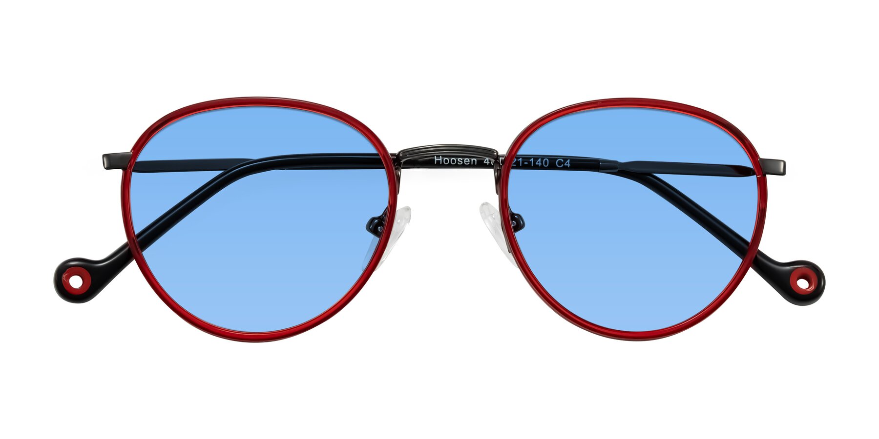 Folded Front of Hoosen in Red/Gunmetal with Medium Blue Tinted Lenses