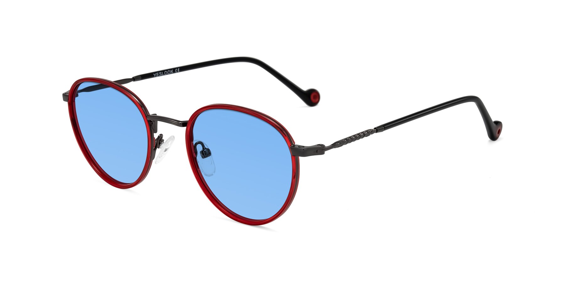 Angle of Hoosen in Red/Gunmetal with Medium Blue Tinted Lenses