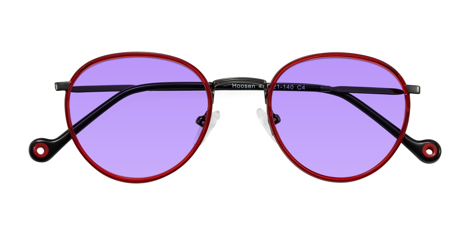 Folded Front of Hoosen in Red/Gunmetal with Medium Purple Tinted Lenses