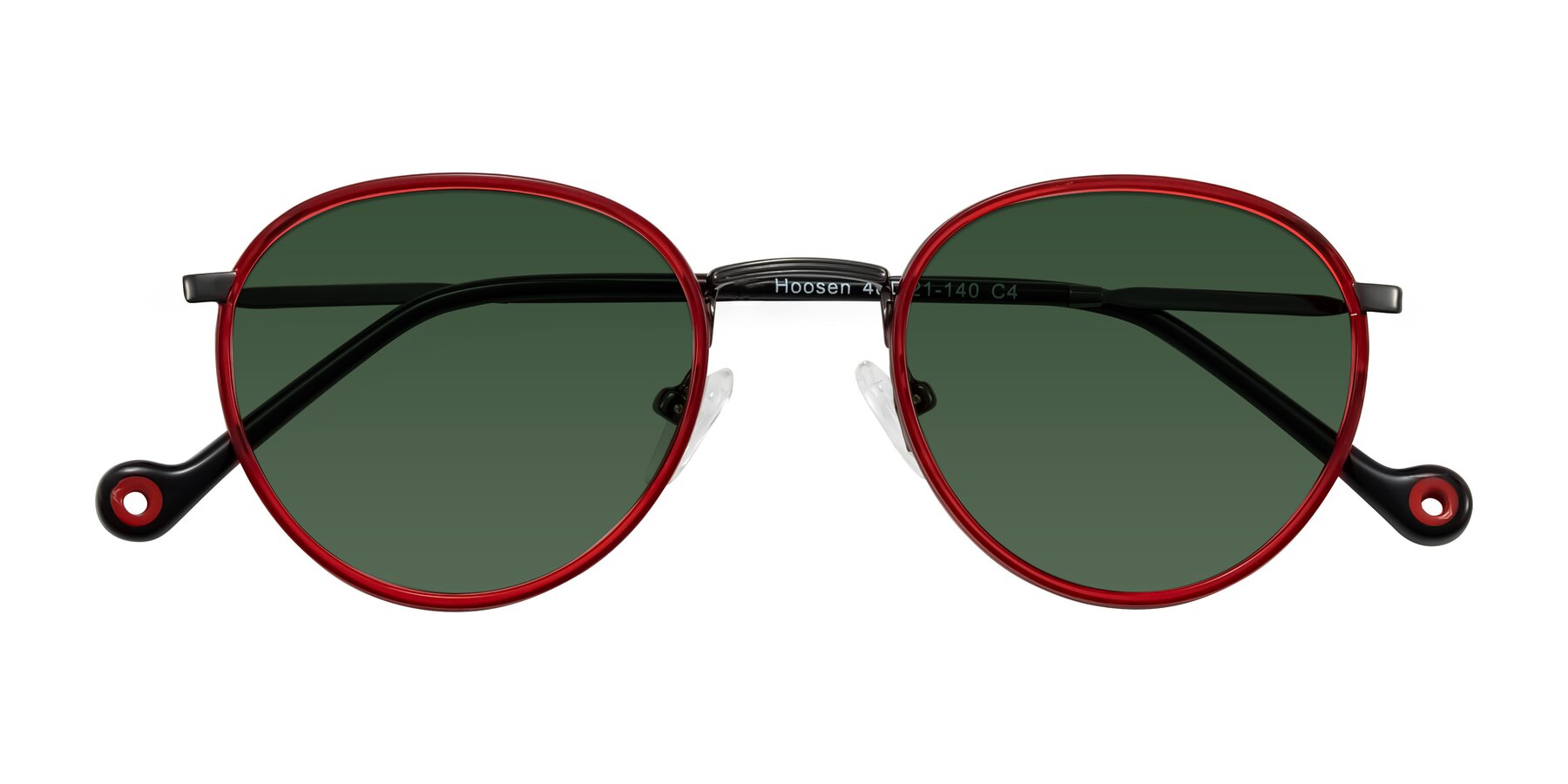 Folded Front of Hoosen in Red/Gunmetal with Green Tinted Lenses
