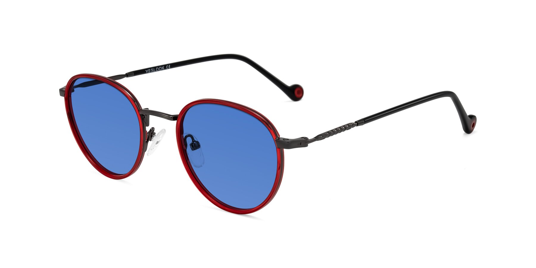 Angle of Hoosen in Red/Gunmetal with Blue Tinted Lenses