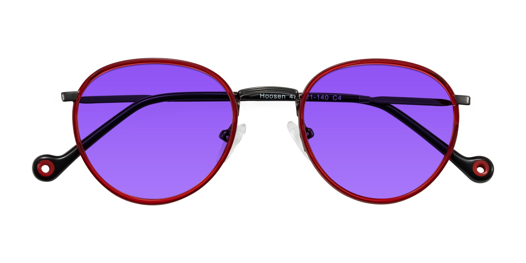 Folded Front of Hoosen in Red/Gunmetal with Purple Tinted Lenses