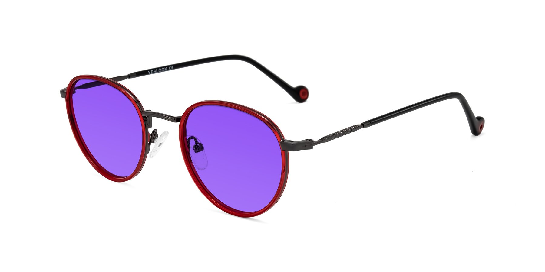 Angle of Hoosen in Red/Gunmetal with Purple Tinted Lenses