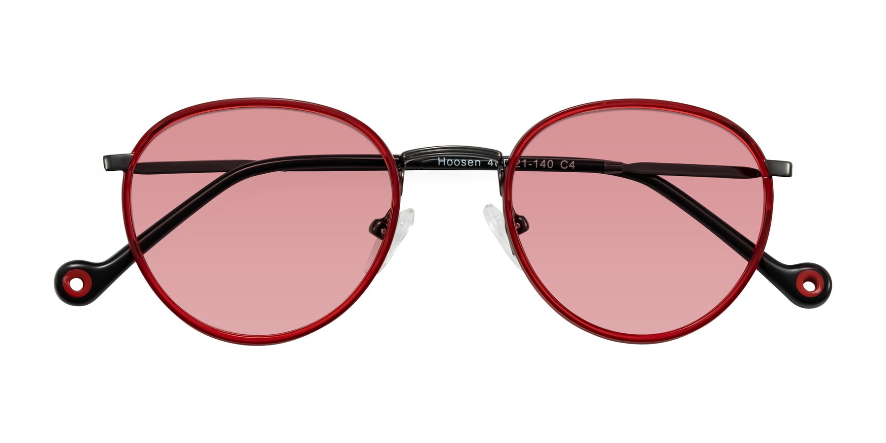 Folded Front of Hoosen in Red/Gunmetal with Medium Garnet Tinted Lenses
