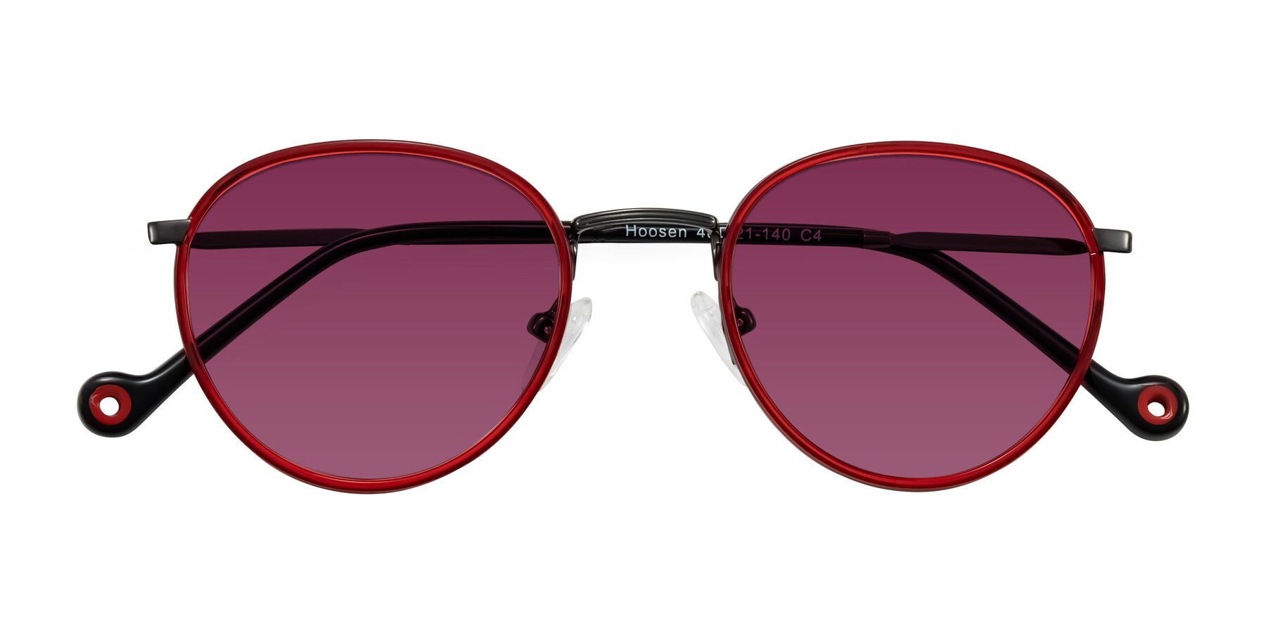 Folded Front of Hoosen in Red/Gunmetal with Wine Tinted Lenses