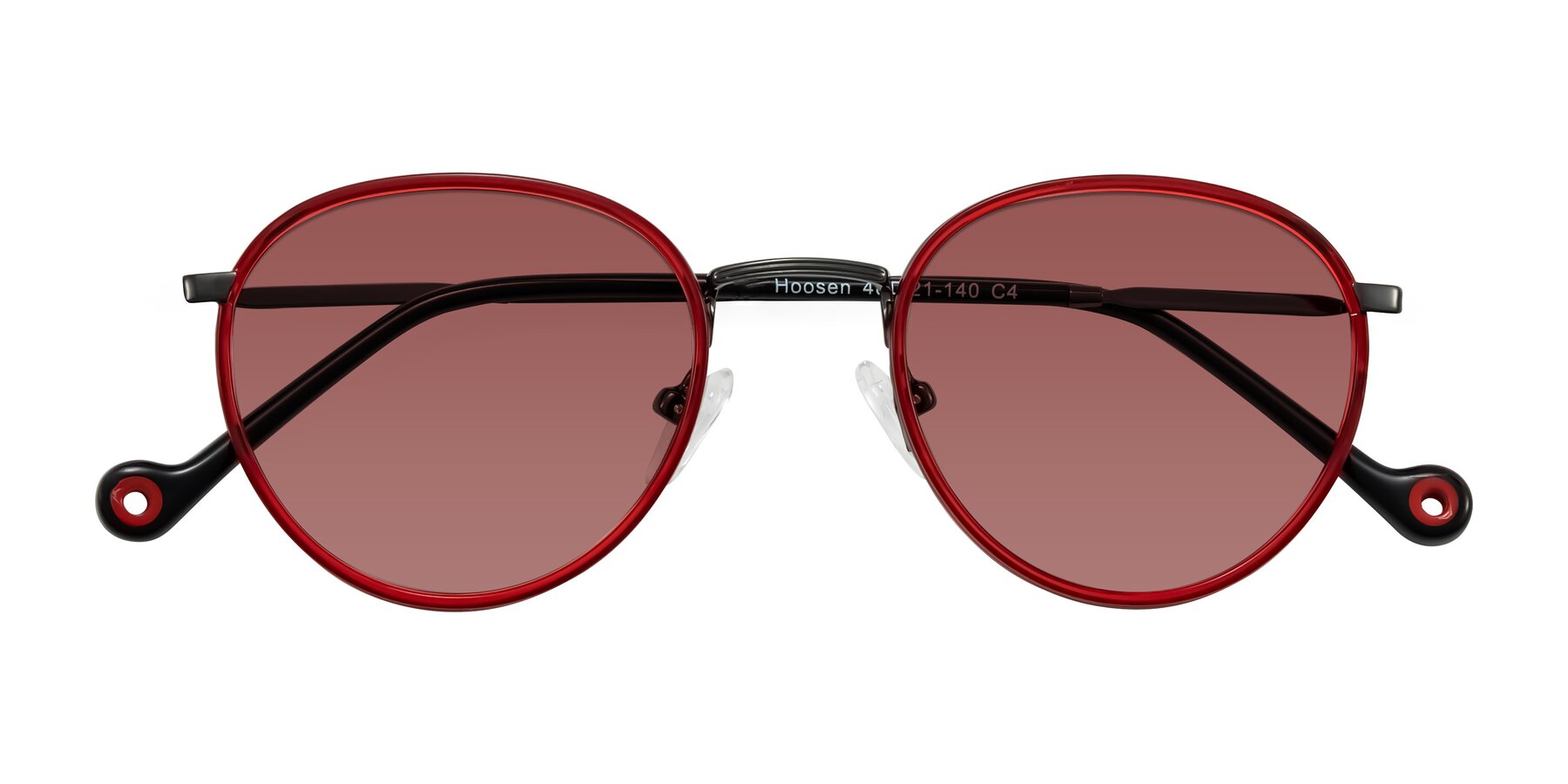 Folded Front of Hoosen in Red/Gunmetal with Garnet Tinted Lenses