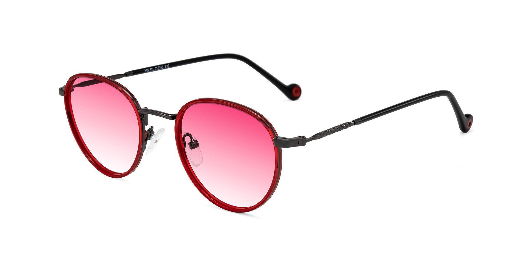 Angle of Hoosen in Red/Gunmetal with Pink Gradient Lenses