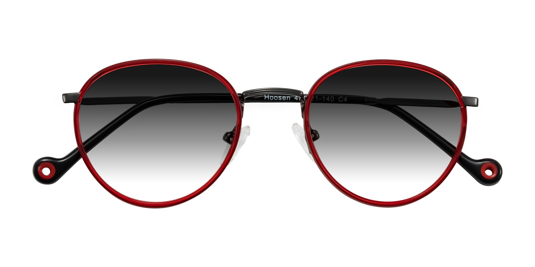 Folded Front of Hoosen in Red/Gunmetal with Gray Gradient Lenses