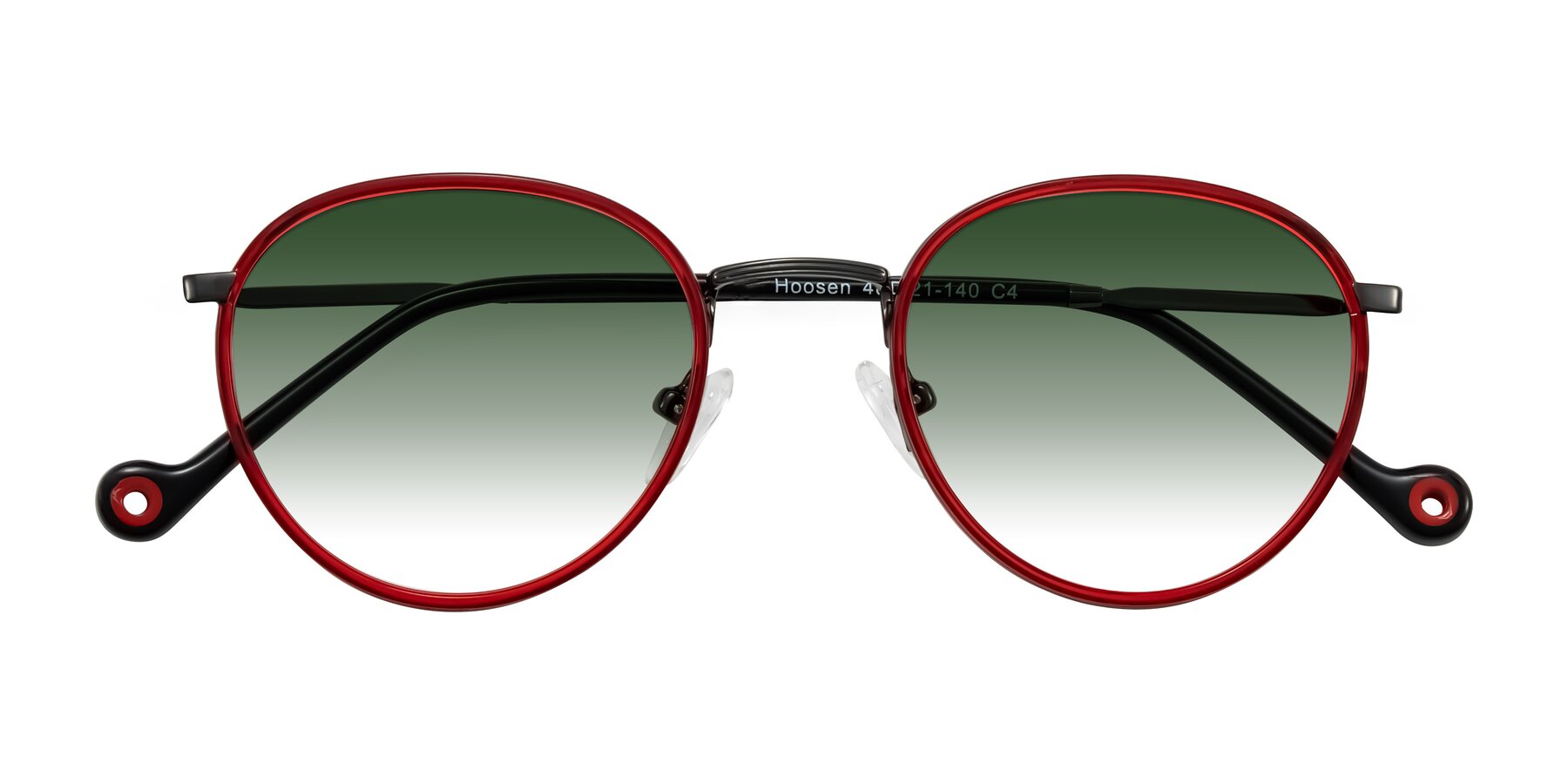 Folded Front of Hoosen in Red/Gunmetal with Green Gradient Lenses