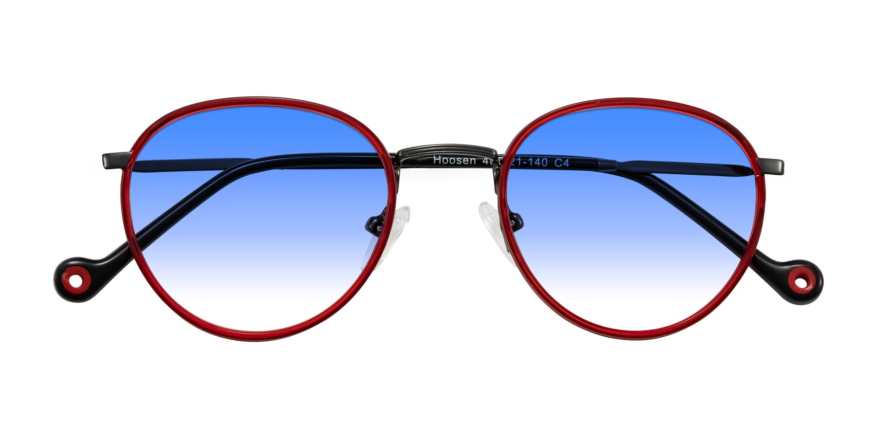 Folded Front of Hoosen in Red/Gunmetal with Blue Gradient Lenses