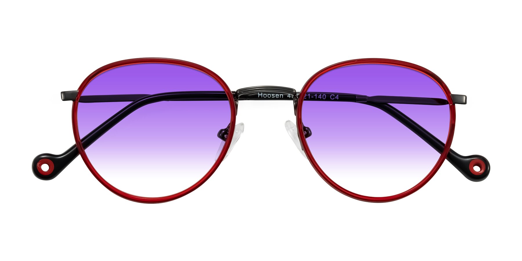 Folded Front of Hoosen in Red/Gunmetal with Purple Gradient Lenses