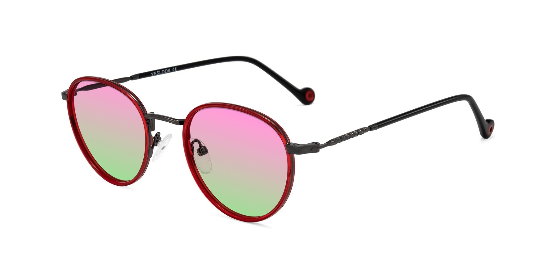 Angle of Hoosen in Red/Gunmetal with Pink / Green Gradient Lenses
