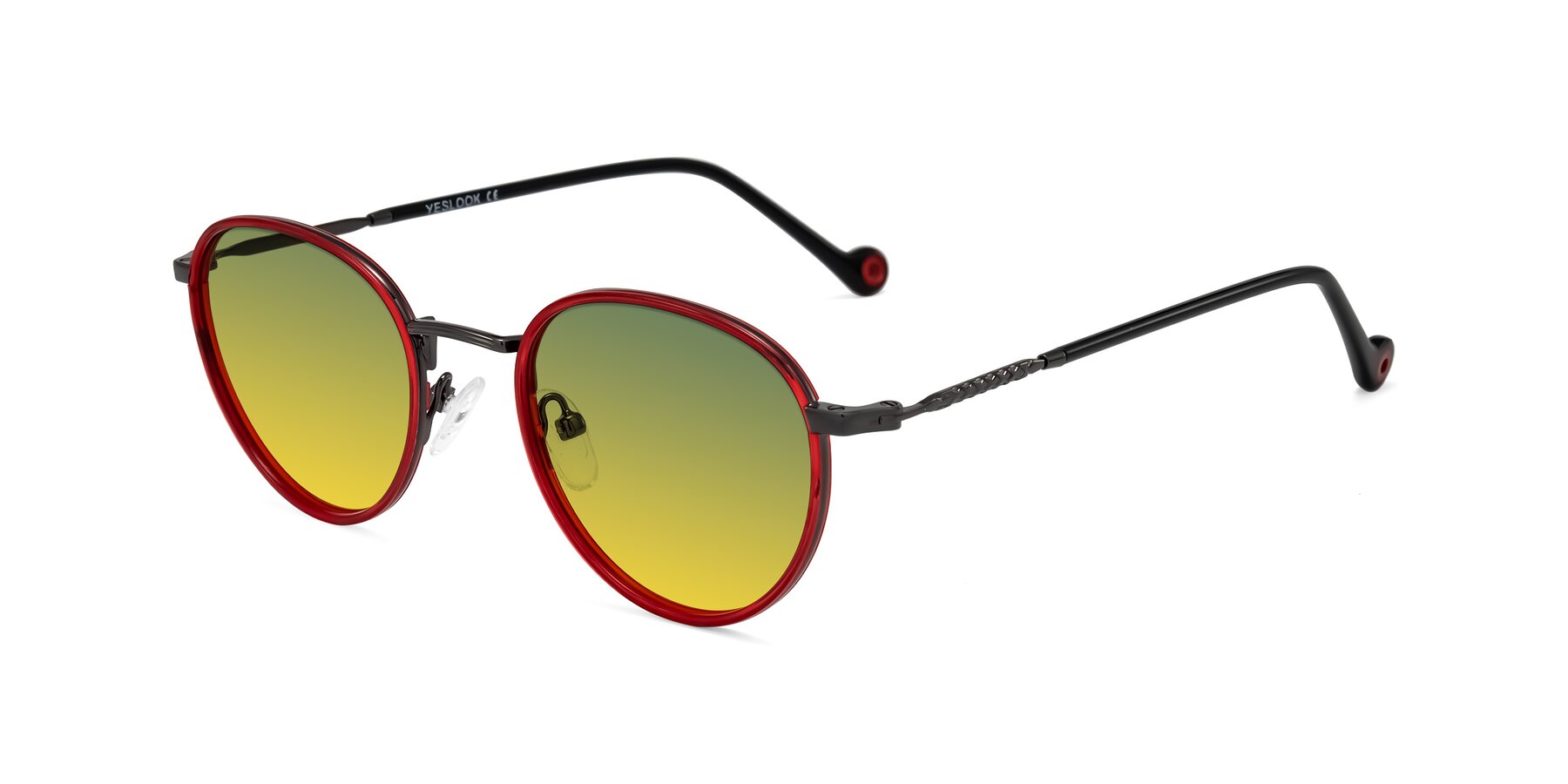 Angle of Hoosen in Red/Gunmetal with Green / Yellow Gradient Lenses