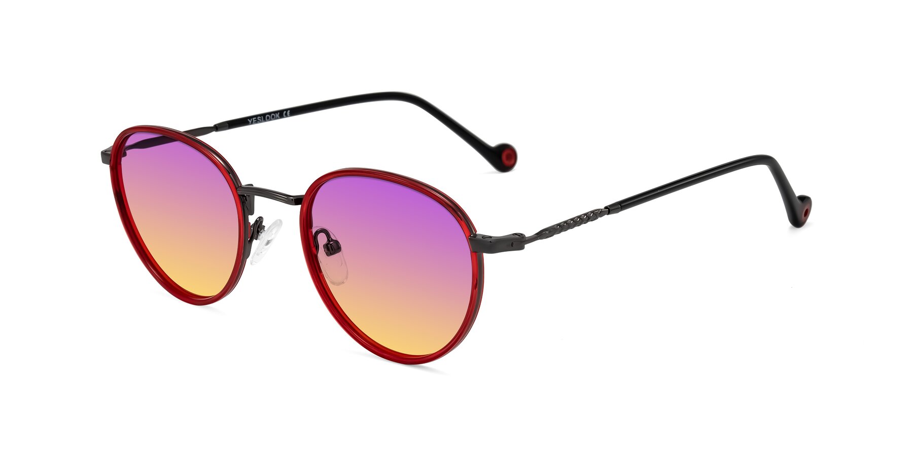 Angle of Hoosen in Red/Gunmetal with Purple / Yellow Gradient Lenses