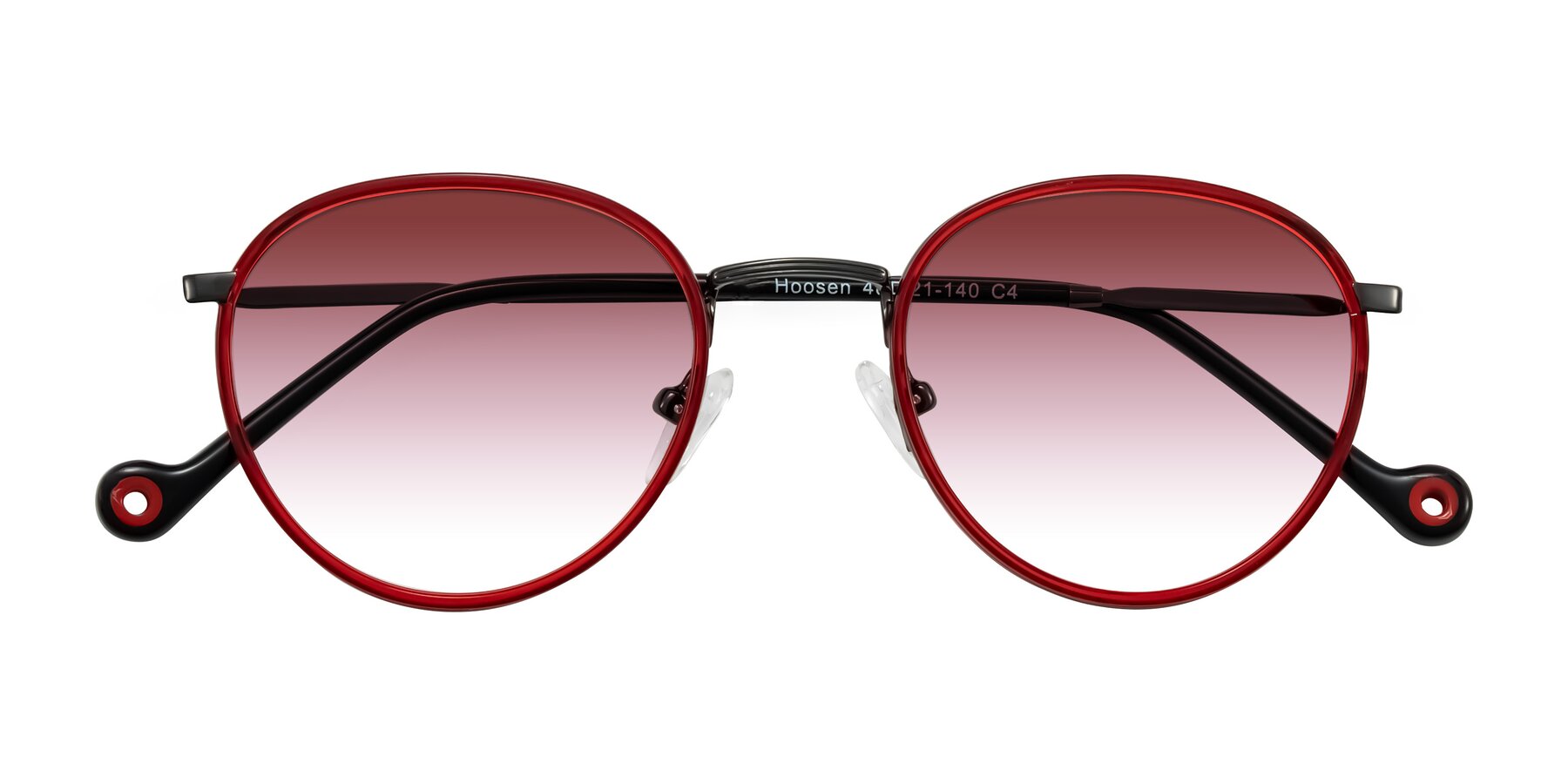 Folded Front of Hoosen in Red/Gunmetal with Garnet Gradient Lenses