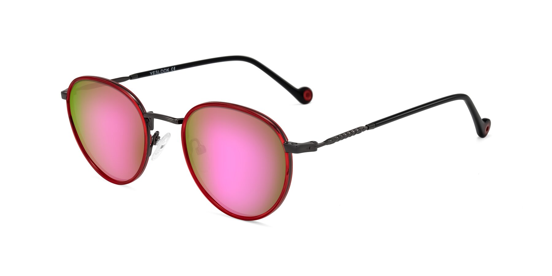 Angle of Hoosen in Red/Gunmetal with Pink Mirrored Lenses