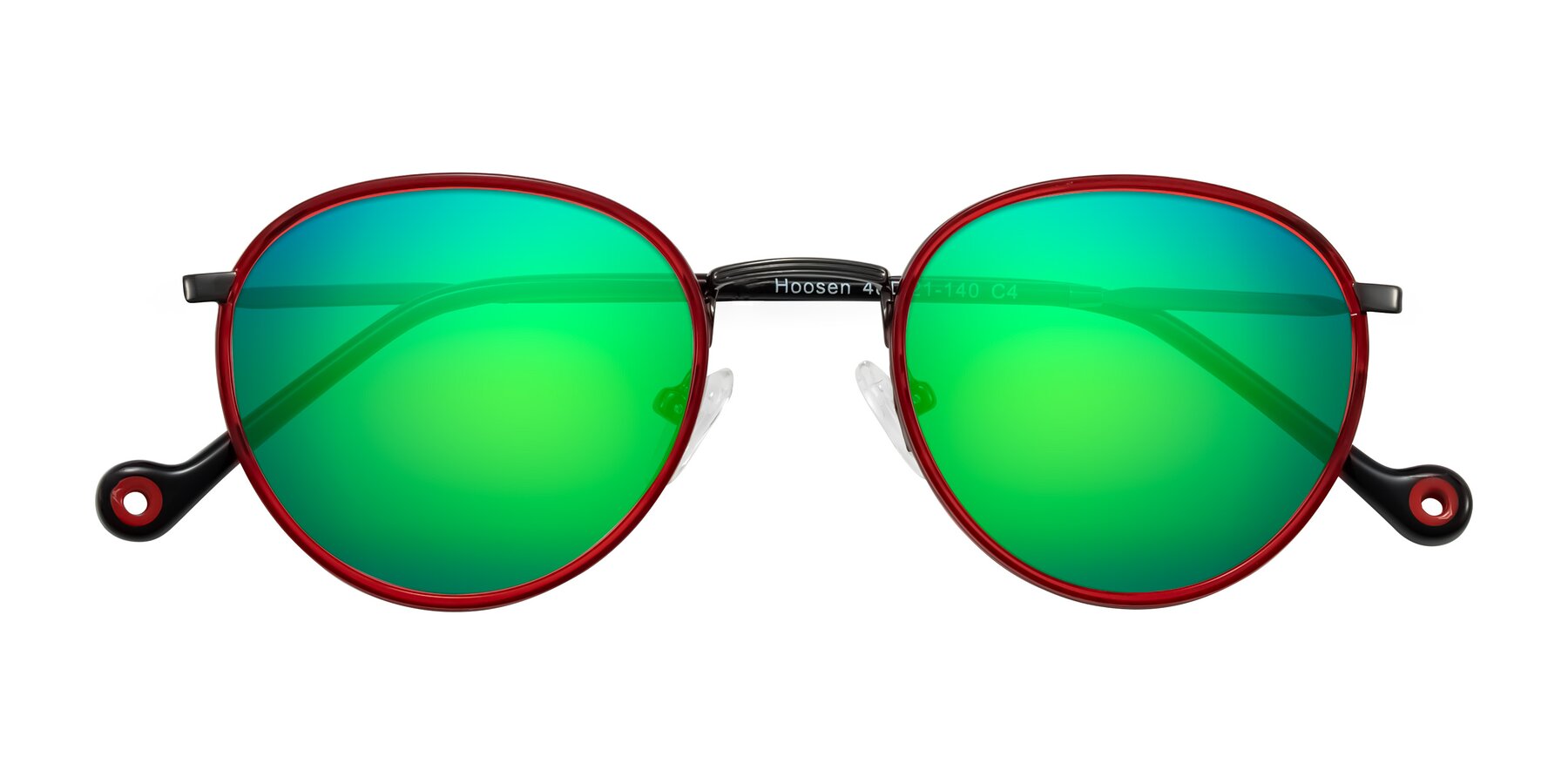 Folded Front of Hoosen in Red/Gunmetal with Green Mirrored Lenses