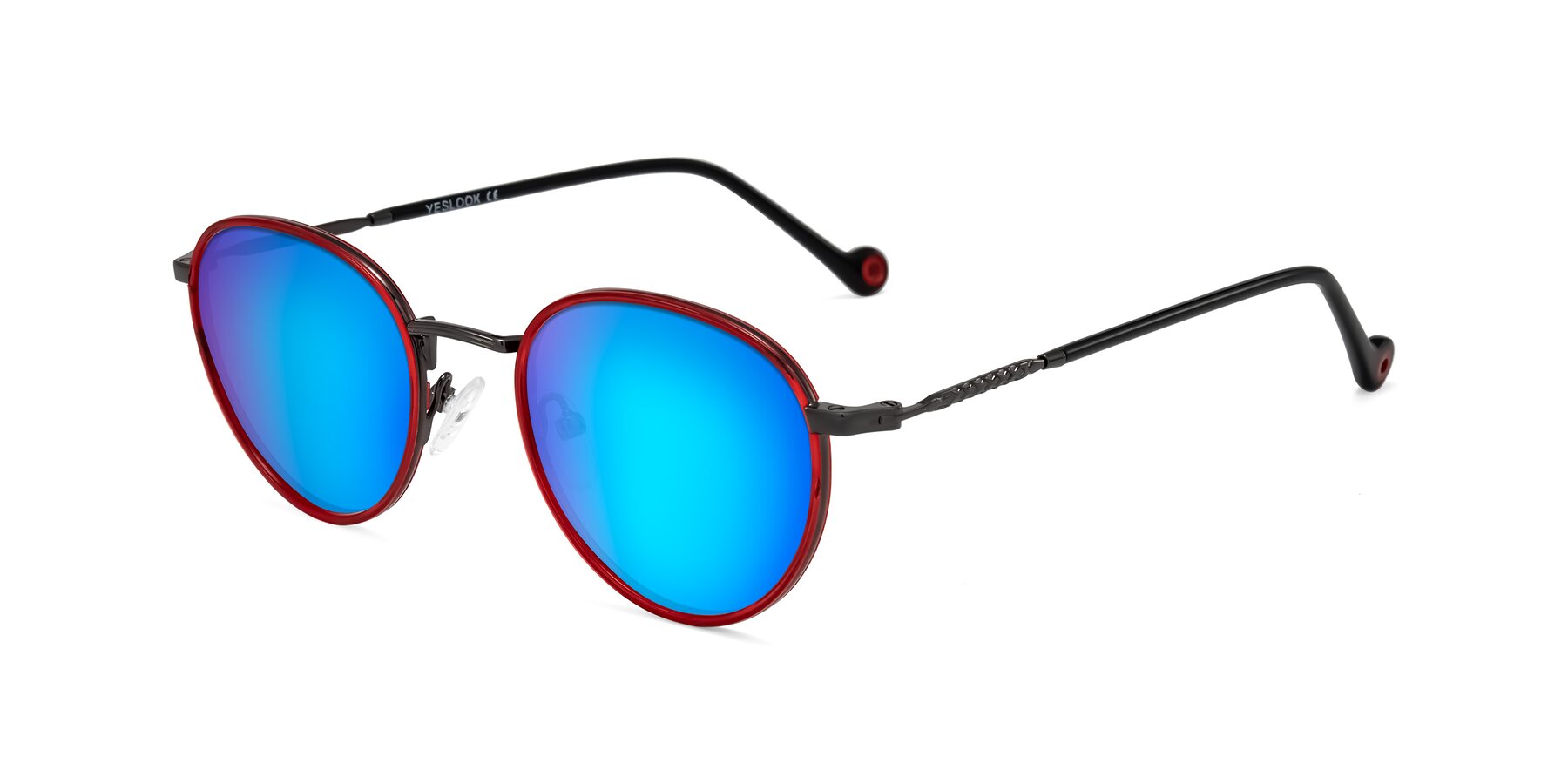 Angle of Hoosen in Red/Gunmetal with Blue Mirrored Lenses
