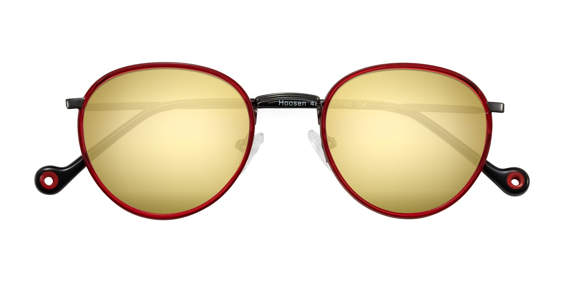 Folded Front of Hoosen in Red/Gunmetal with Gold Mirrored Lenses