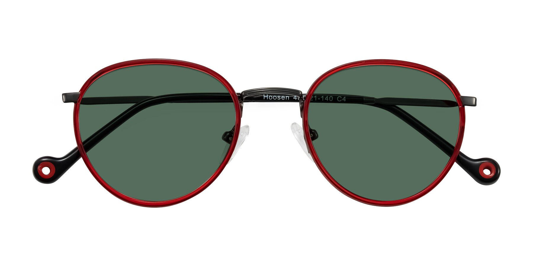 Folded Front of Hoosen in Red/Gunmetal with Green Polarized Lenses