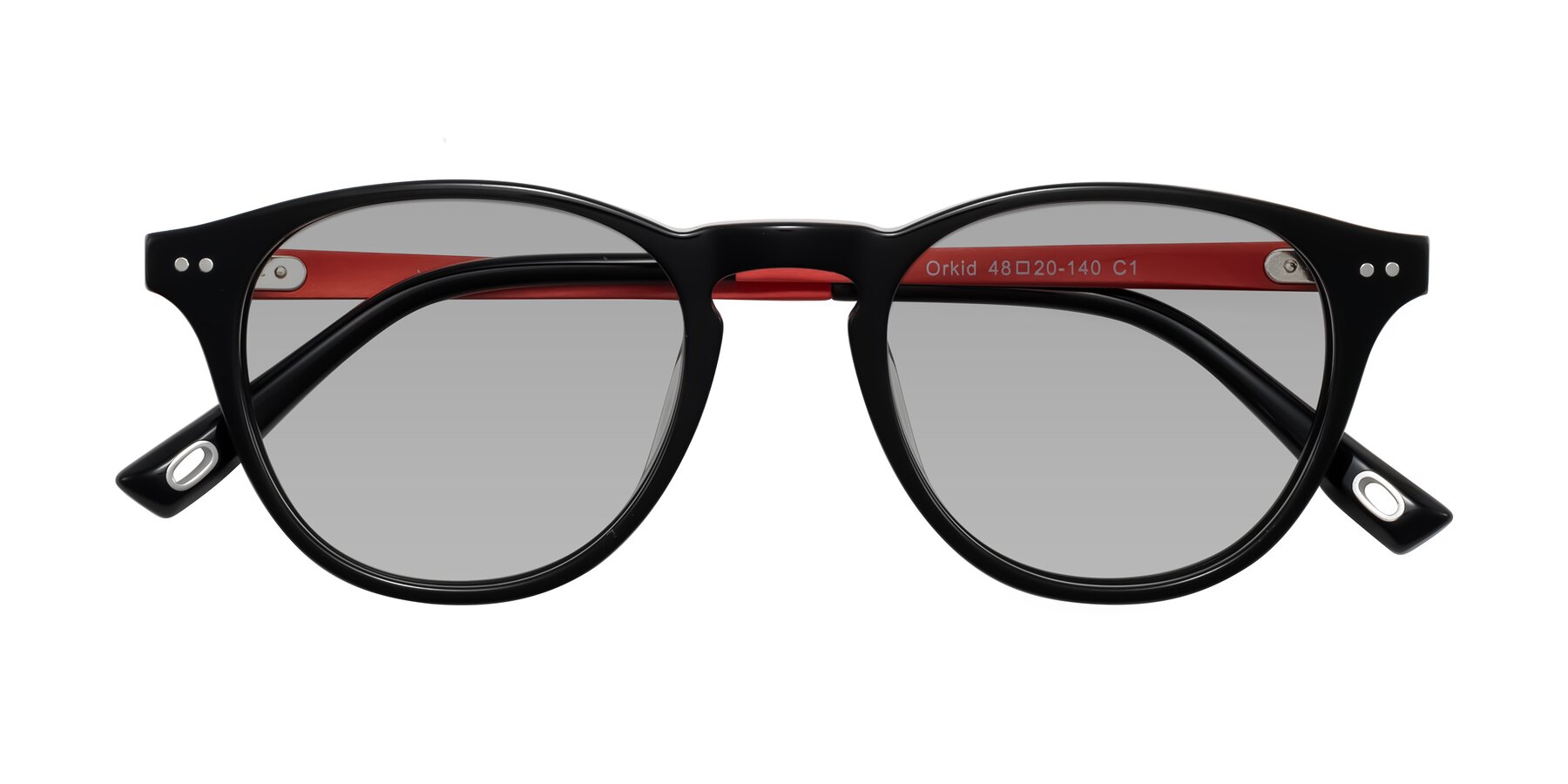 Folded Front of Orkid in Black/Red with Light Gray Tinted Lenses