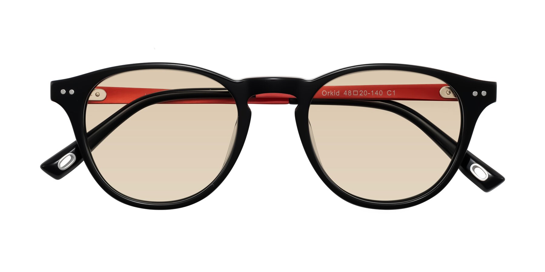 Folded Front of Orkid in Black/Red with Light Brown Tinted Lenses
