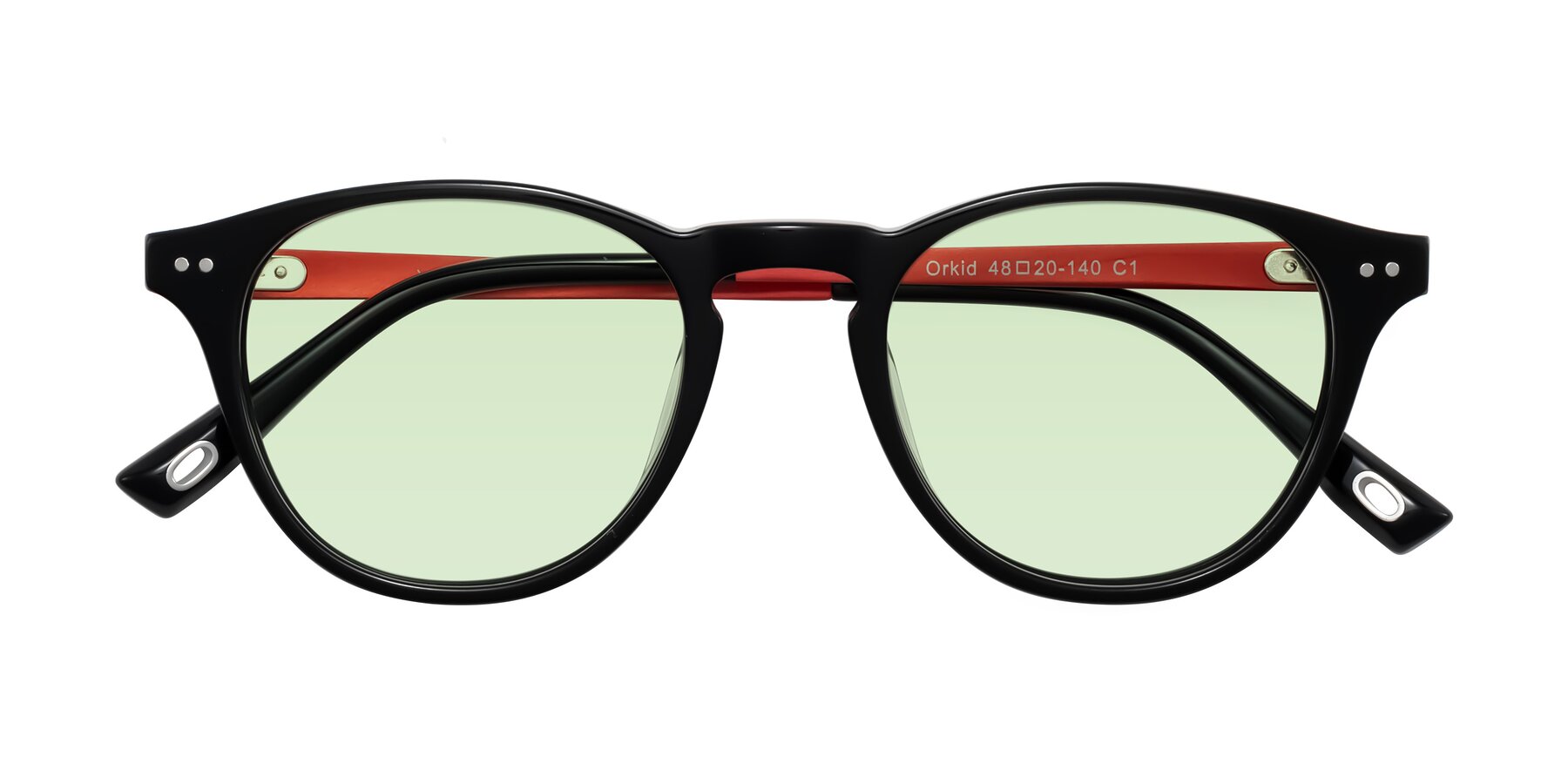 Folded Front of Orkid in Black/Red with Light Green Tinted Lenses