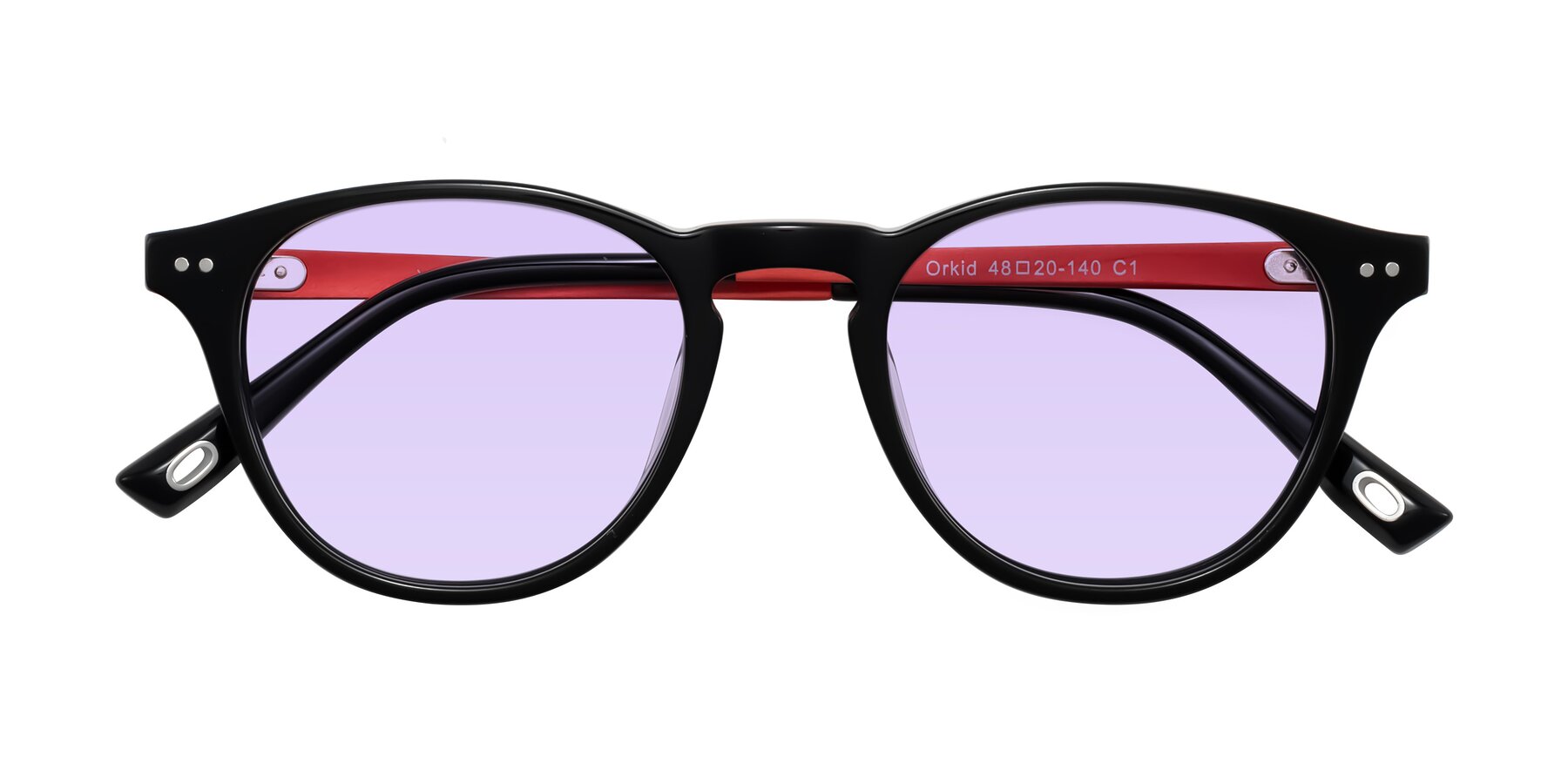 Folded Front of Orkid in Black/Red with Light Purple Tinted Lenses