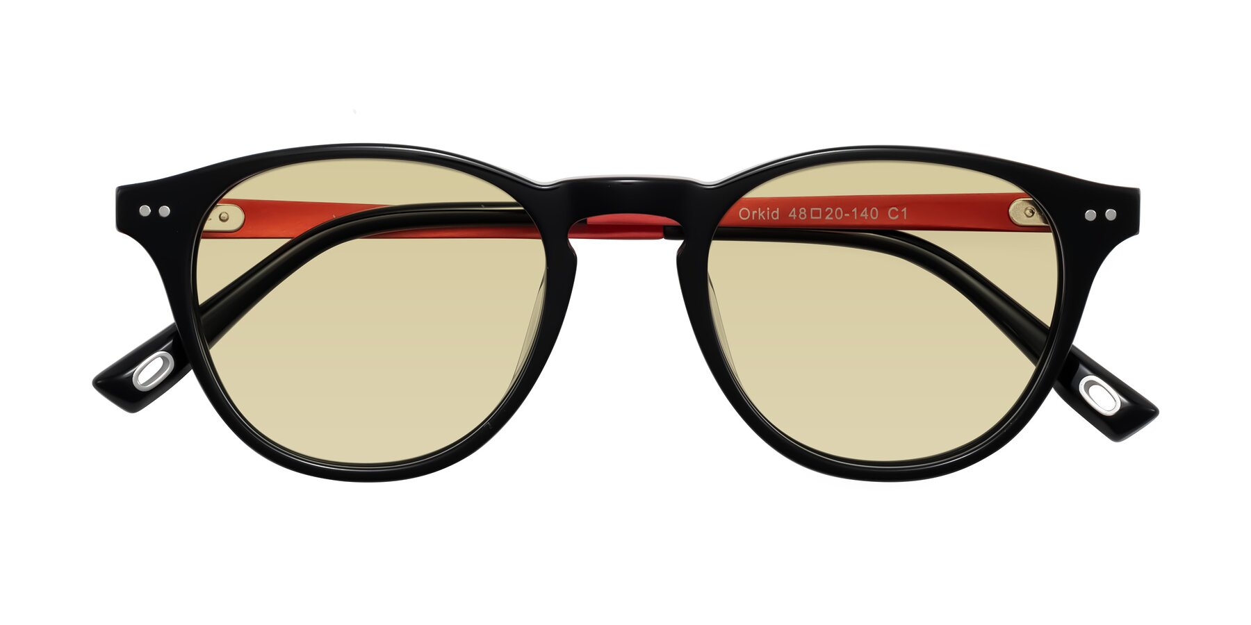 Folded Front of Orkid in Black/Red with Light Champagne Tinted Lenses