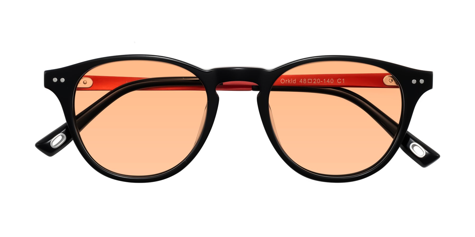 Folded Front of Orkid in Black/Red with Light Orange Tinted Lenses