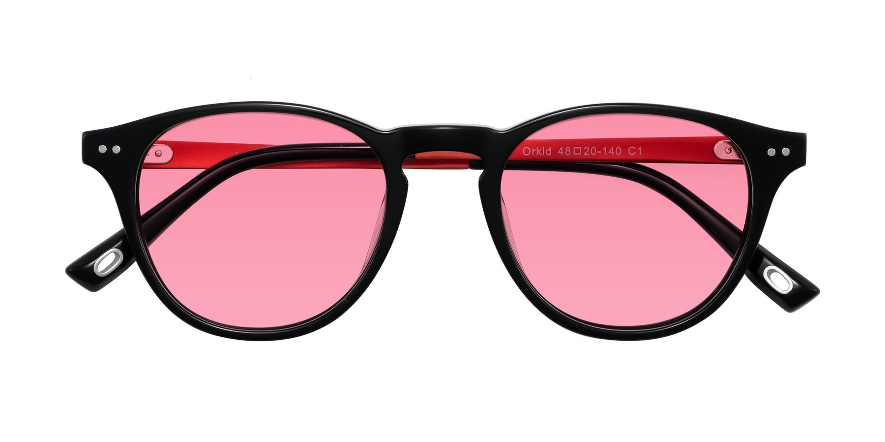 Folded Front of Orkid in Black/Red with Pink Tinted Lenses