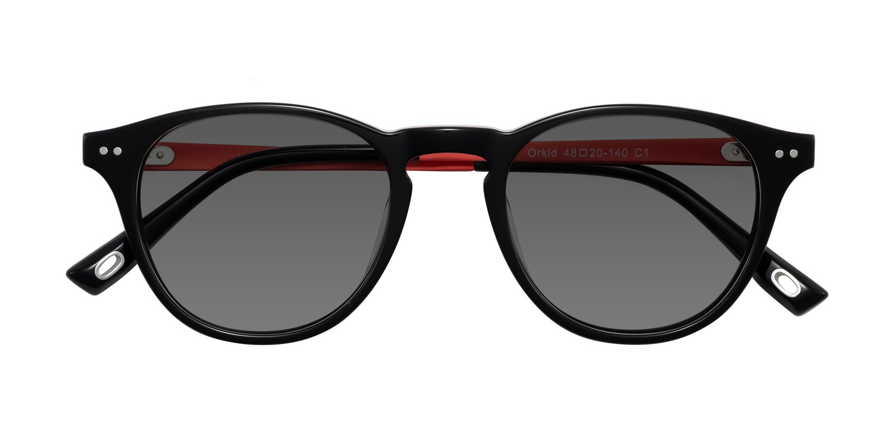 Folded Front of Orkid in Black/Red with Medium Gray Tinted Lenses