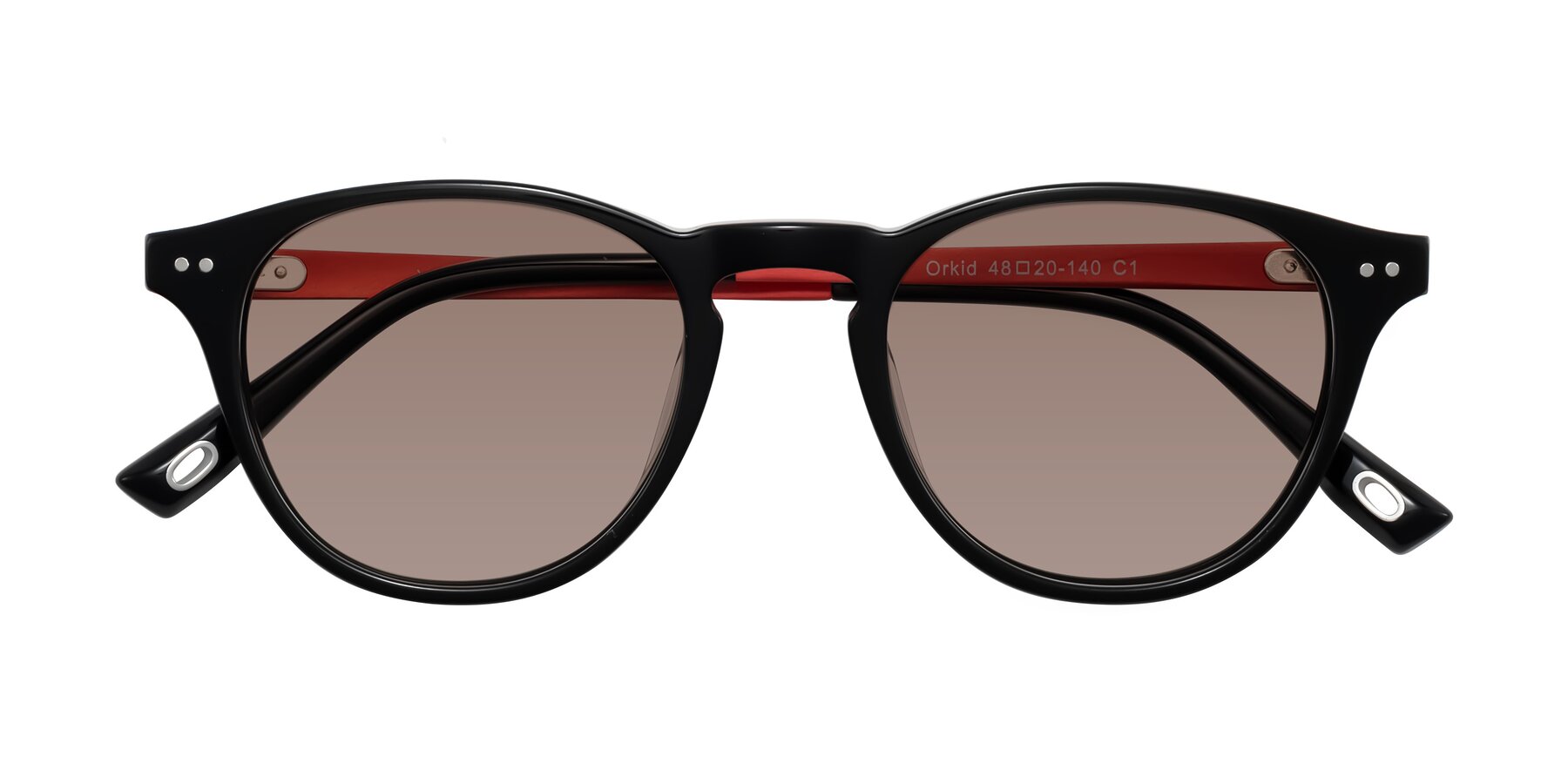 Folded Front of Orkid in Black/Red with Medium Brown Tinted Lenses