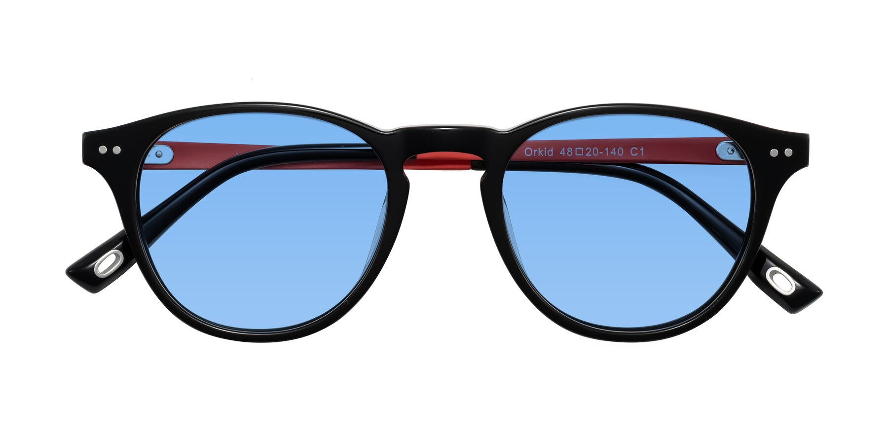 Folded Front of Orkid in Black/Red with Medium Blue Tinted Lenses