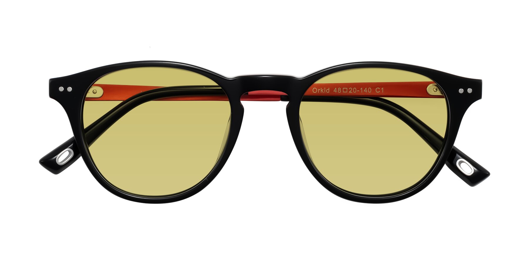 Folded Front of Orkid in Black/Red with Medium Champagne Tinted Lenses