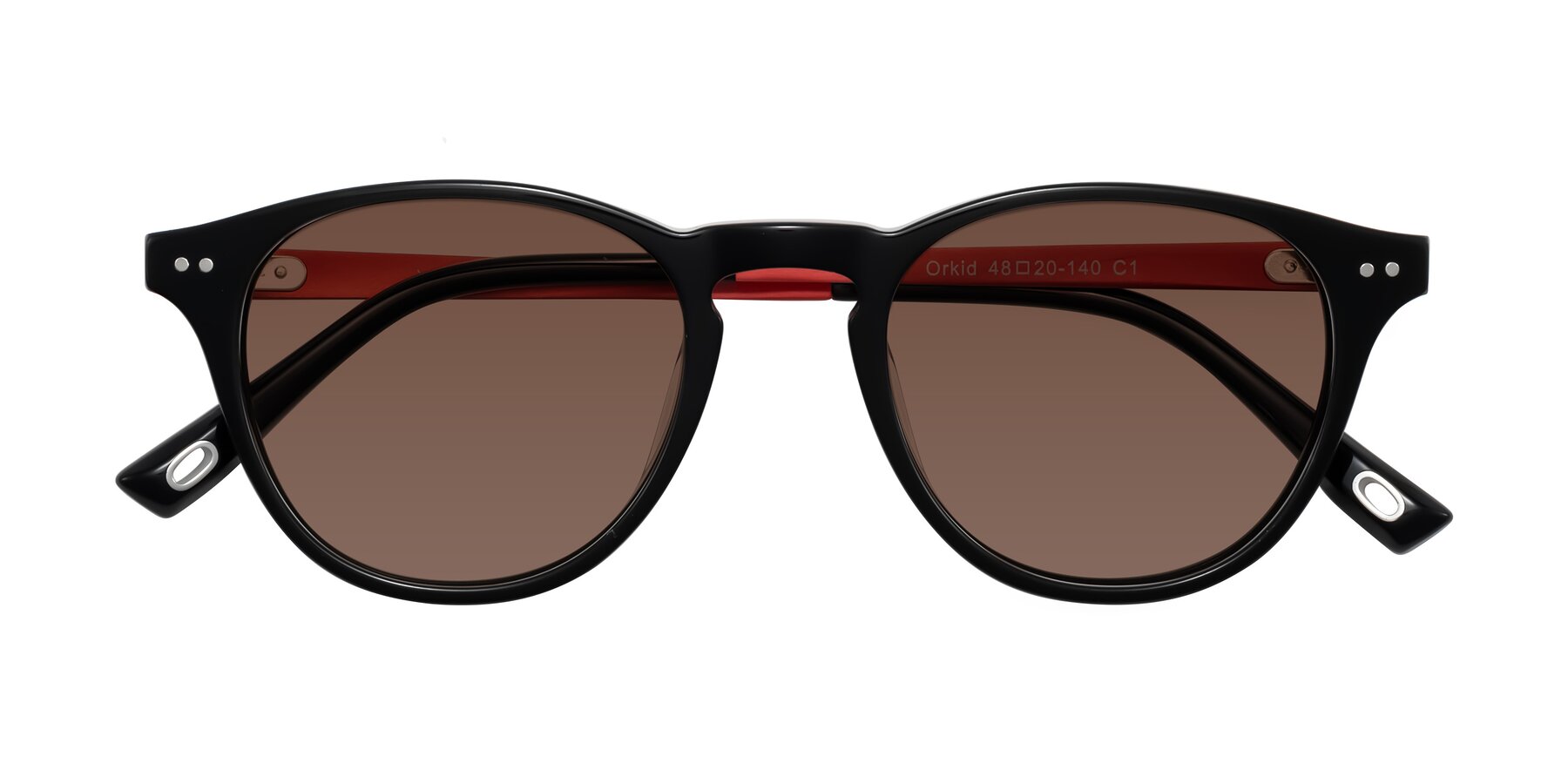 Folded Front of Orkid in Black/Red with Brown Tinted Lenses