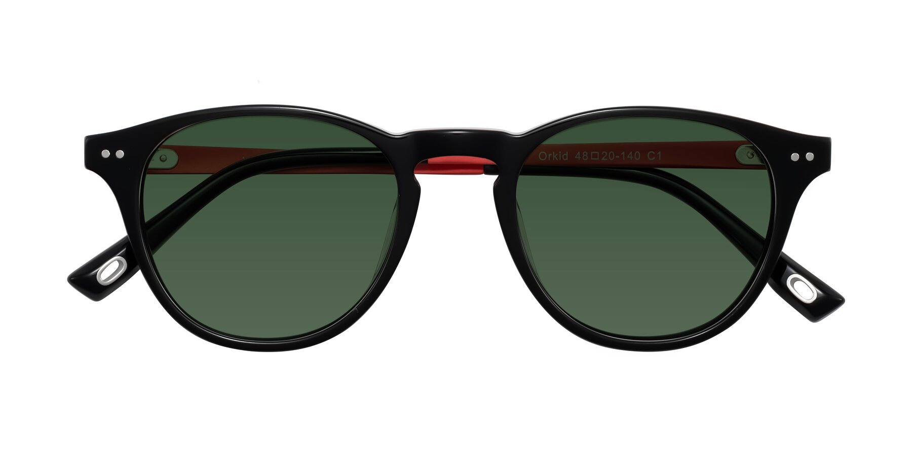 Folded Front of Orkid in Black/Red with Green Tinted Lenses