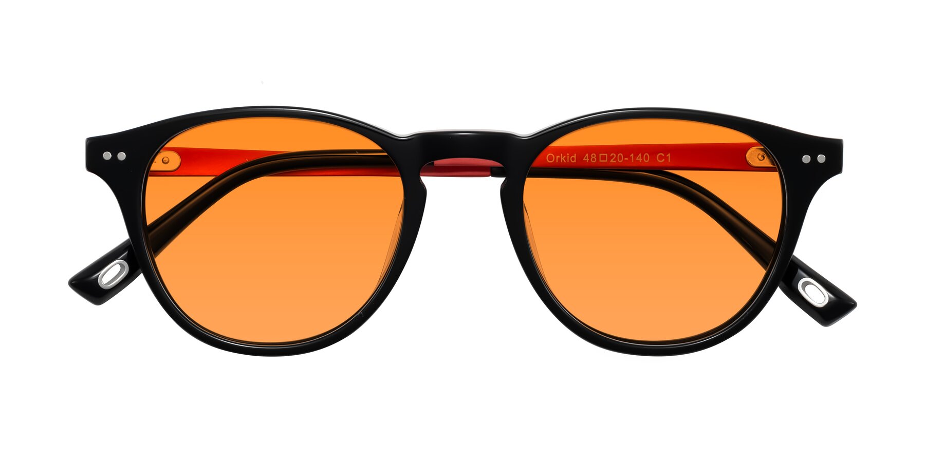 Folded Front of Orkid in Black/Red with Orange Tinted Lenses