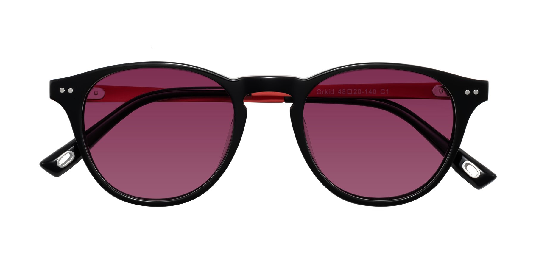 Folded Front of Orkid in Black/Red with Wine Tinted Lenses