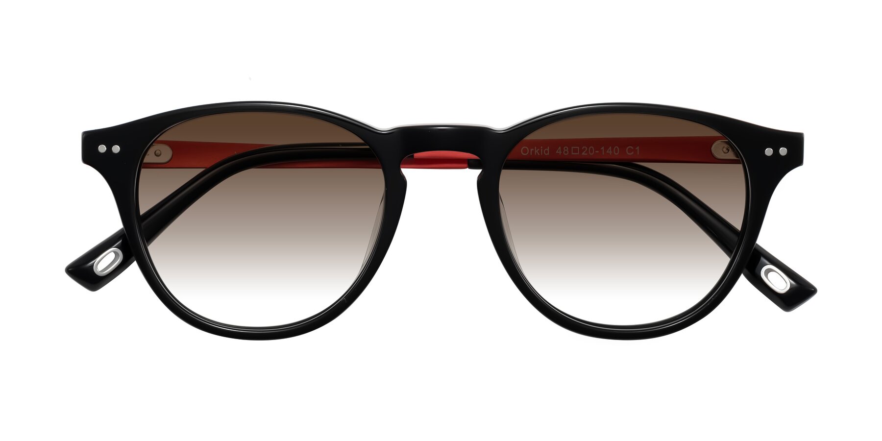 Folded Front of Orkid in Black/Red with Brown Gradient Lenses