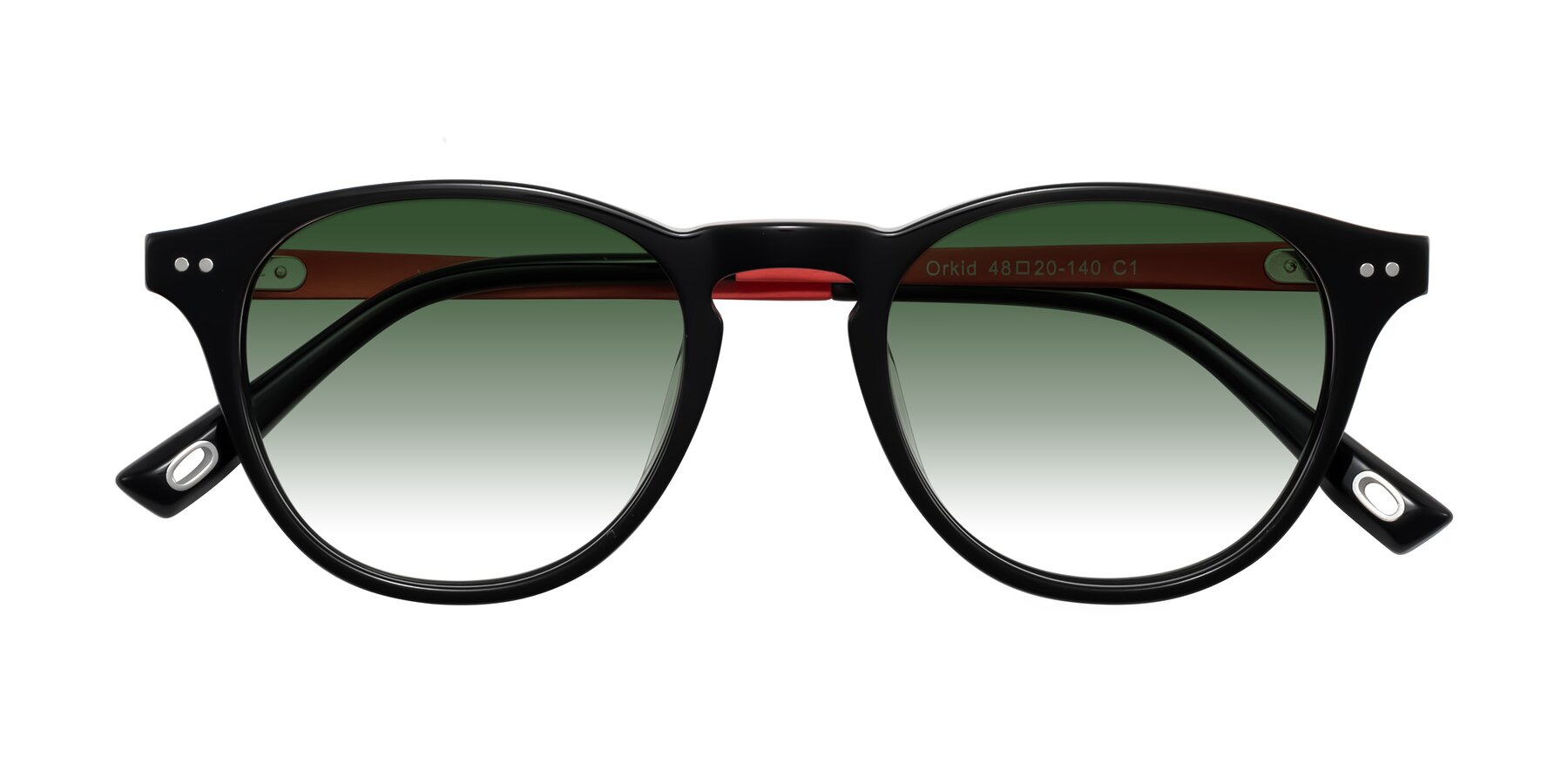Folded Front of Orkid in Black/Red with Green Gradient Lenses