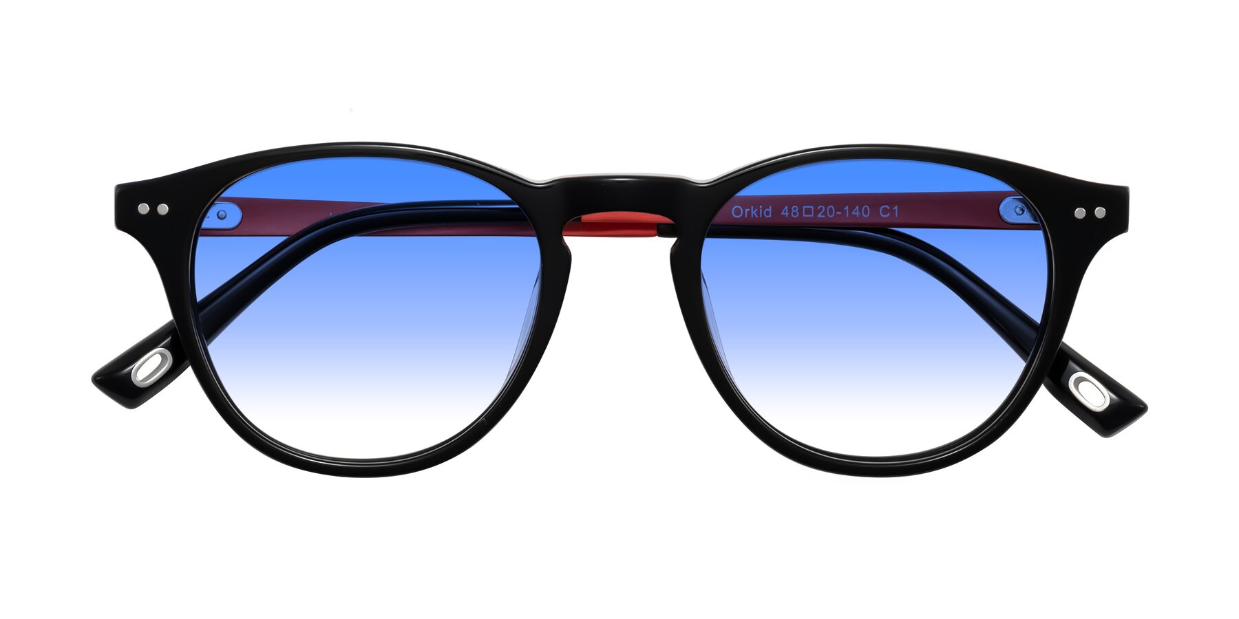 Folded Front of Orkid in Black/Red with Blue Gradient Lenses